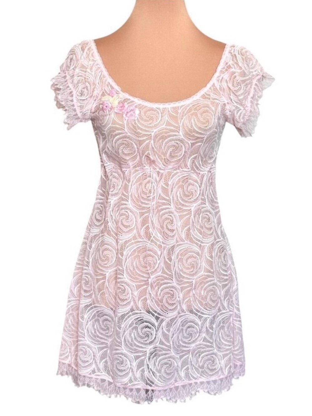 VTG Y2K Lola C Pink Floral Lace Babydoll Dress Sz S Embroidered Fairy Valentine